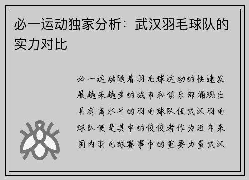 必一运动独家分析：武汉羽毛球队的实力对比